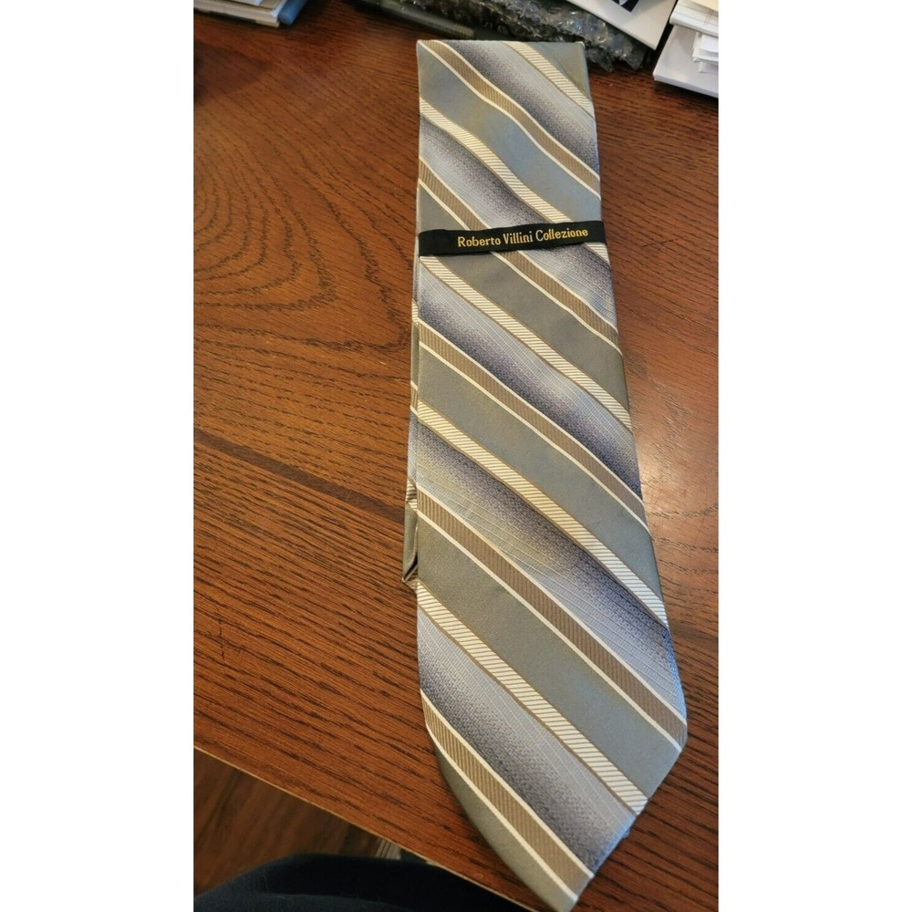 Roberto Villini Collezione‎ Tie 100% Silk Green Brown  Diagonal Stripe ##